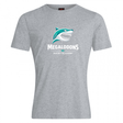 The WRS Canterbury NC Rugby Academy - Megalodons Club Plain Tee is a grey cotton blend t-shirt with a stylized shark logo above "MEGALODONS NC RUGBY ACADEMY" in white and teal lettering.