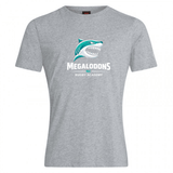 The WRS Canterbury NC Rugby Academy - Megalodons Club Plain Tee is a grey cotton blend t-shirt with a stylized shark logo above "MEGALODONS NC RUGBY ACADEMY" in white and teal lettering.