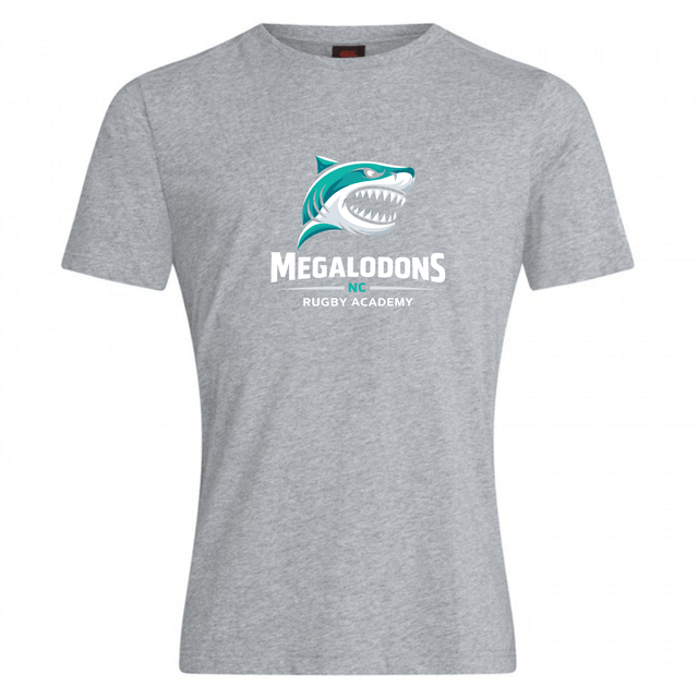 The WRS Canterbury NC Rugby Academy - Megalodons Club Plain Tee is a grey cotton blend t-shirt with a stylized shark logo above "MEGALODONS NC RUGBY ACADEMY" in white and teal lettering.