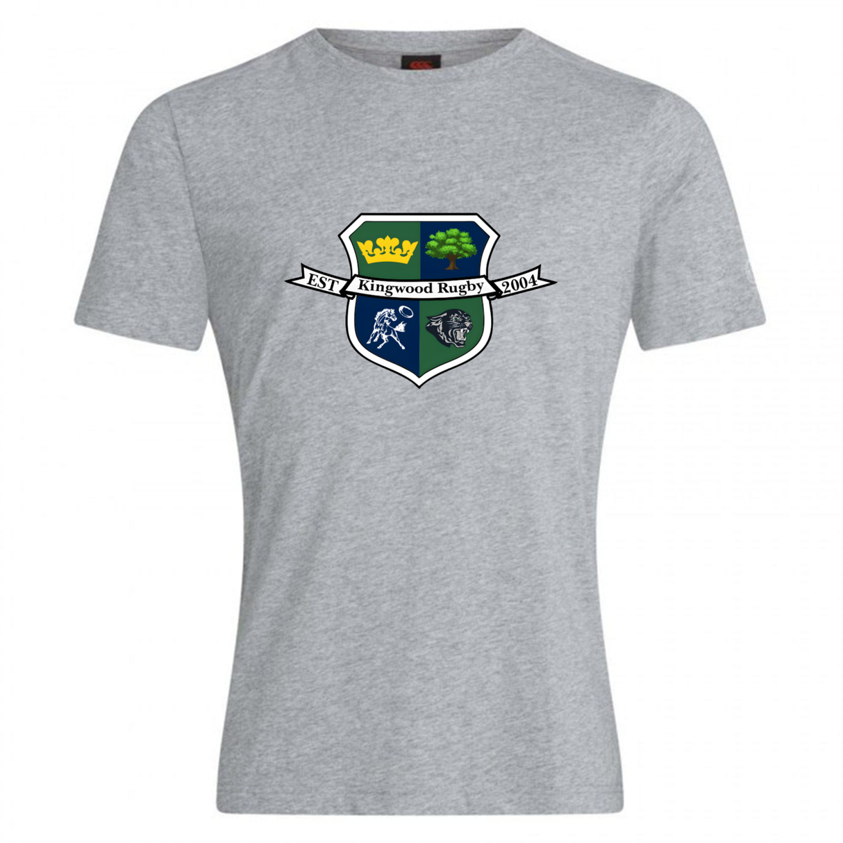 The Kingwood Rugby Club Plain Tee by WRS Canterbury is a grey cotton blend shirt with a shield featuring a crown, tree, rugby player, ball, and a banner that reads "Est 2004 Kingwood Rugby.
