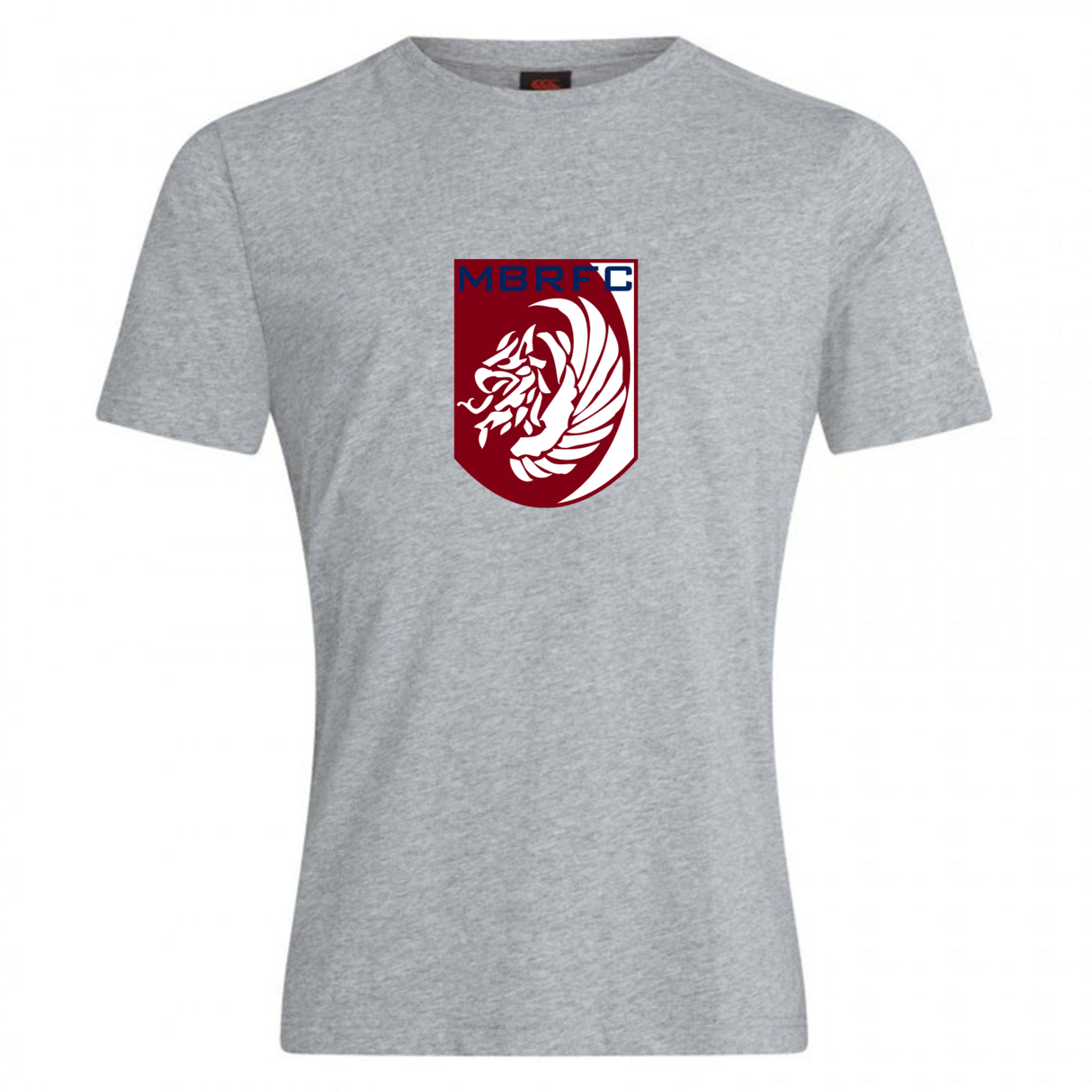 The Montgomery Bucks Griffins Club Plain Tee by WRS Canterbury is a light grey cotton-blend customizable shirt featuring a maroon and white lion crest with “MBRFC” in blue above the lion.