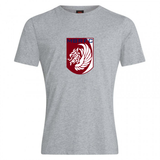 The Montgomery Bucks Griffins Club Plain Tee by WRS Canterbury is a light grey cotton-blend customizable shirt featuring a maroon and white lion crest with “MBRFC” in blue above the lion.
