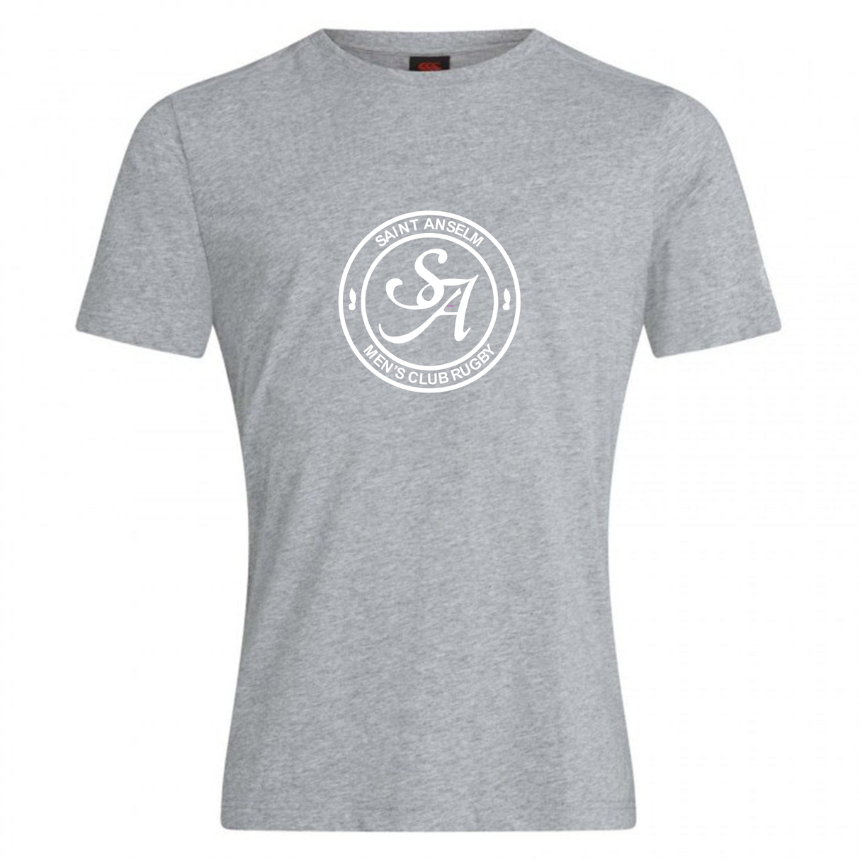 The WRS Canterbury Saint Anselm College Club Rugby Club Plain Tee is a light grey cotton blend featuring a central white circular logo with "Saint Anselm Men's Club Rugby" and stylized "SA" initials.