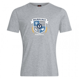 The Milwaukee Barbarians Rugby Club Plain Tee by WRS Canterbury features a grey cotton blend and team crest—a customizable, stylish t-shirt for fans.