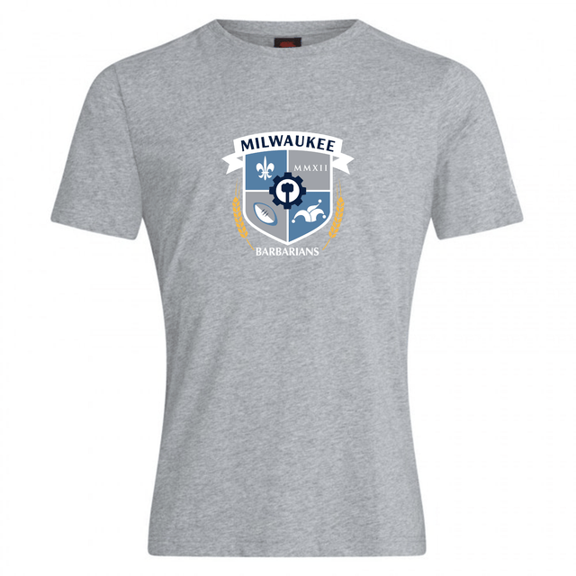 The Milwaukee Barbarians Rugby Club Plain Tee by WRS Canterbury features a grey cotton blend and team crest—a customizable, stylish t-shirt for fans.