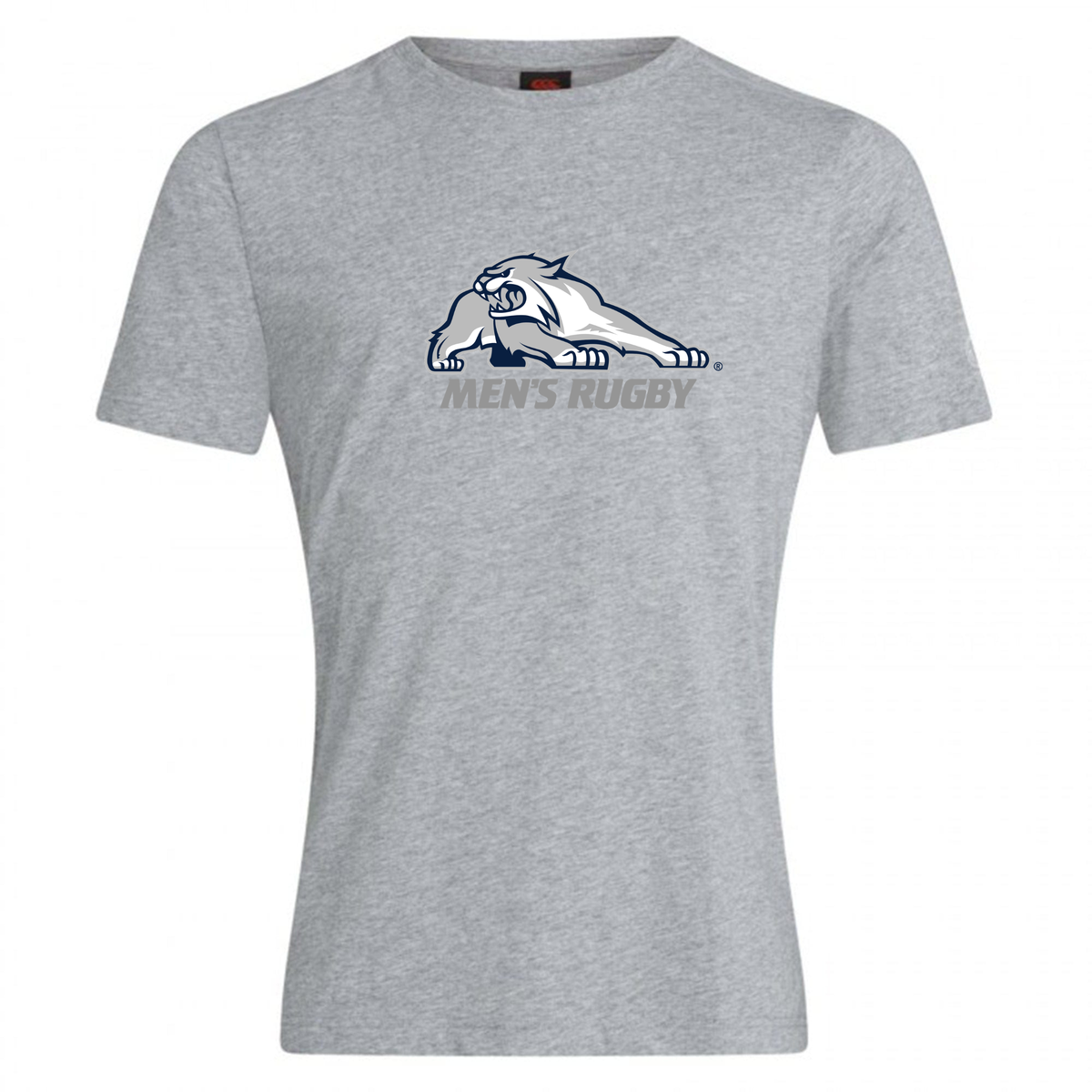 Grey cotton blend University of New Hampshire Club Plain Tee by Canterbury featuring a stylized wildcat logo above the text “MEN’S RUGBY.”