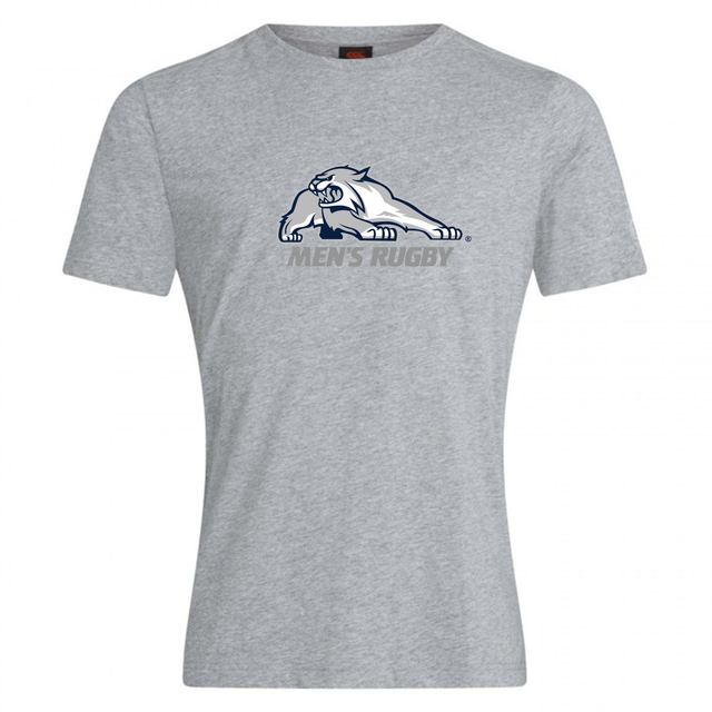 Grey cotton blend University of New Hampshire Club Plain Tee by Canterbury featuring a stylized wildcat logo above the text “MEN’S RUGBY.”