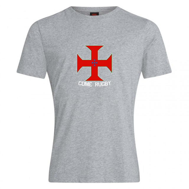 WRS Canterbury's SF CDME Rugby Club Plain Tee is a gray cotton blend shirt featuring a central red cross emblem with subtle blue details above the white "CDME RUGBY" text.
