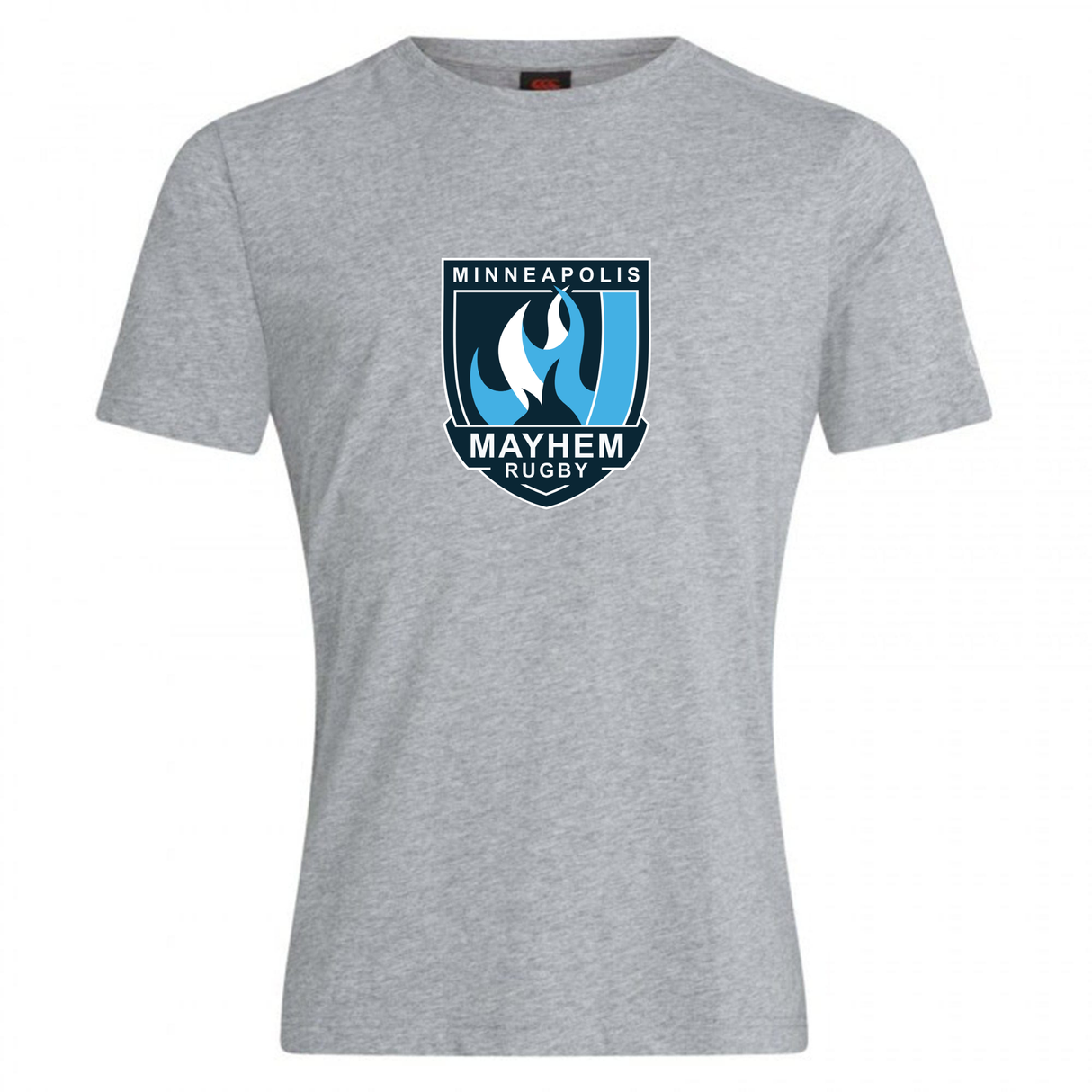 The Minneapolis Mayhem Rugby Club Plain Tee by Canterbury from WRS Canterbury is a light gray, soft cotton blend t-shirt featuring the team’s stylized flame logo and bold blue, black, and white text on the front center. Designed for all-day comfort, this customizable tee is perfect for showcasing your team spirit.