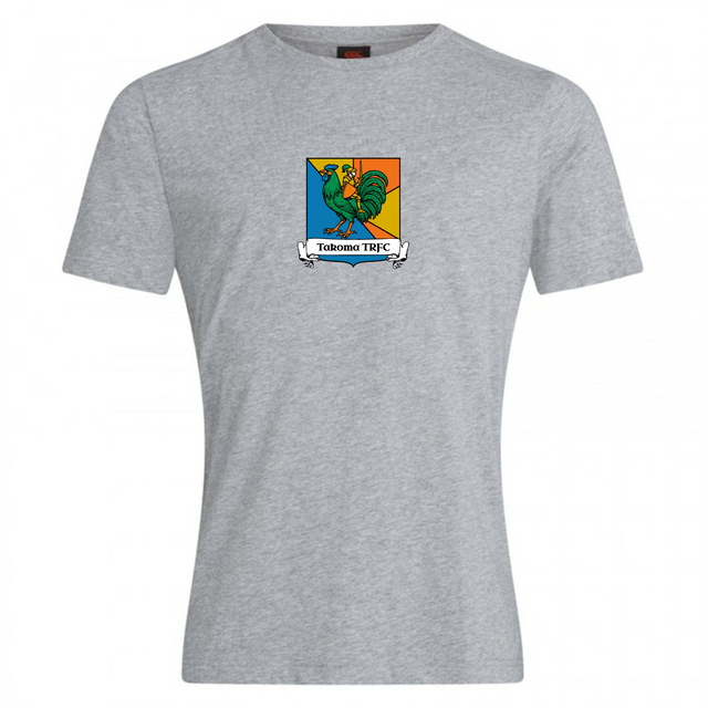 Grey Takoma Touch Rugby Club Plain Tee by Canterbury with a chest logo featuring a green rooster emblem and the text “Takoma TRFC”.