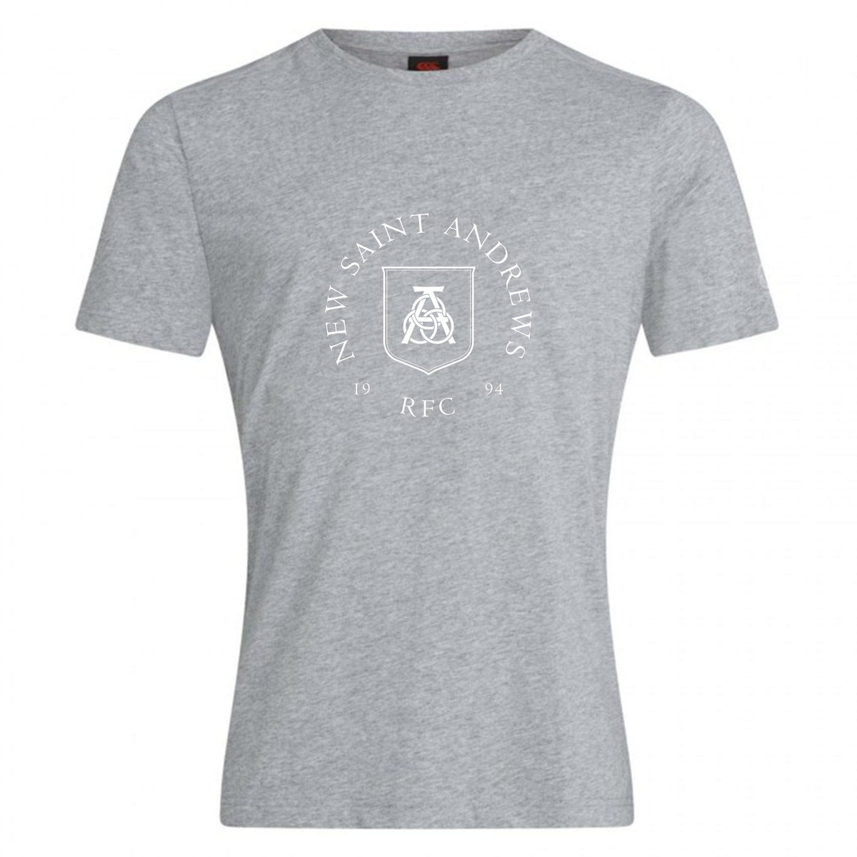 A grey short-sleeve cotton blend “New Saint Andrews College Club Plain Tee” by WRS Canterbury, featuring “New Saint Andrews RFC 1994” and a shield logo printed in white on the chest.
