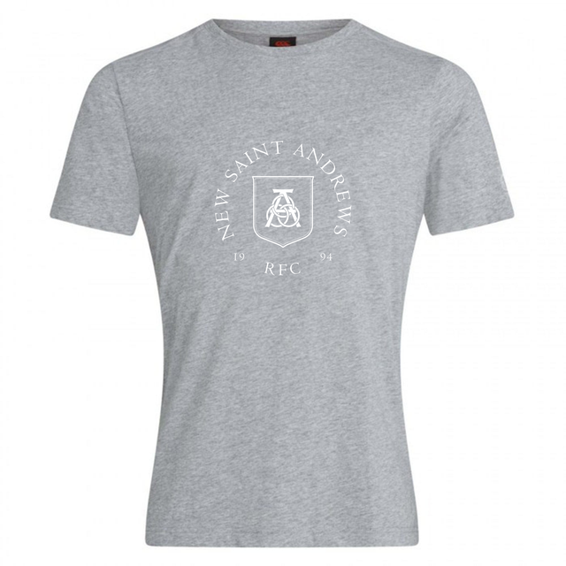 A grey short-sleeve cotton blend “New Saint Andrews College Club Plain Tee” by WRS Canterbury, featuring “New Saint Andrews RFC 1994” and a shield logo printed in white on the chest.