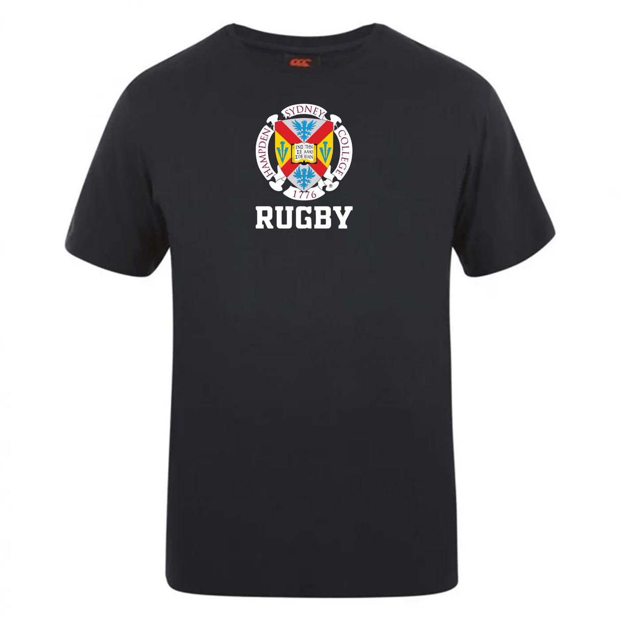 The Hampden Sydney College Club Plain Tee by Canterbury, available from WRS Canterbury, is a black t-shirt crafted from a premium cotton-heavy blend and showcases a vibrant crest with "Sydney" and "Rugby" prominently displayed beneath it.