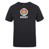 The Hampden Sydney College Club Plain Tee by Canterbury, available from WRS Canterbury, is a black t-shirt crafted from a premium cotton-heavy blend and showcases a vibrant crest with "Sydney" and "Rugby" prominently displayed beneath it.