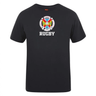 The Hampden Sydney College Club Plain Tee by Canterbury, available from WRS Canterbury, is a black t-shirt crafted from a premium cotton-heavy blend and showcases a vibrant crest with "Sydney" and "Rugby" prominently displayed beneath it.
