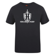 The Highlanders Rugby NC Club Plain Tee by WRS Canterbury features a black design with the text "Highlanders Rugby" and a logo of a sword and shield on the front. Crafted from premium cotton-heavy blend for optimum comfort and durability, this tee is also customizable, perfect for showcasing your unique team spirit.