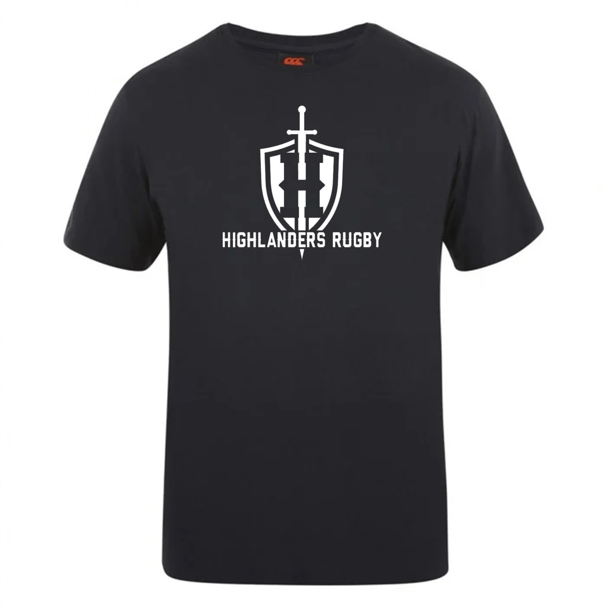 The Highlanders Rugby NC Club Plain Tee by WRS Canterbury features a black design with the text "Highlanders Rugby" and a logo of a sword and shield on the front. Crafted from premium cotton-heavy blend for optimum comfort and durability, this tee is also customizable, perfect for showcasing your unique team spirit.