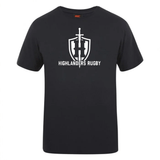 The Highlanders Rugby NC Club Plain Tee by WRS Canterbury features a black design with the text "Highlanders Rugby" and a logo of a sword and shield on the front. Crafted from premium cotton-heavy blend for optimum comfort and durability, this tee is also customizable, perfect for showcasing your unique team spirit.