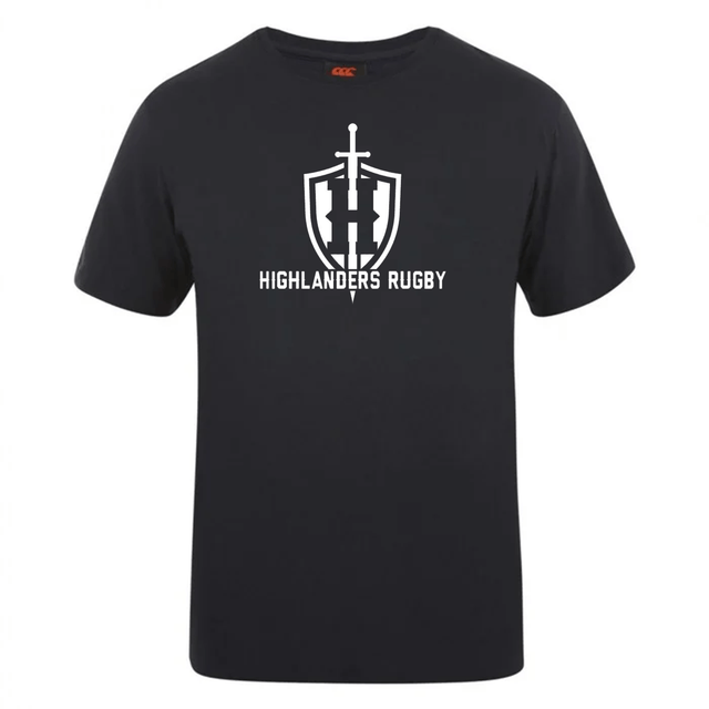 The Highlanders Rugby NC Club Plain Tee by WRS Canterbury features a black design with the text "Highlanders Rugby" and a logo of a sword and shield on the front. Crafted from premium cotton-heavy blend for optimum comfort and durability, this tee is also customizable, perfect for showcasing your unique team spirit.