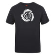 The Missoula All-Maggots Club Plain Tee by WRS Canterbury is a black cotton blend t-shirt featuring a white spiral design made of oval-shaped segments at the center of the chest, making it a stylish yet comfortable customizable option for any wardrobe.
