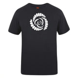The Missoula All-Maggots Club Plain Tee by WRS Canterbury is a black cotton blend t-shirt featuring a white spiral design made of oval-shaped segments at the center of the chest, making it a stylish yet comfortable customizable option for any wardrobe.