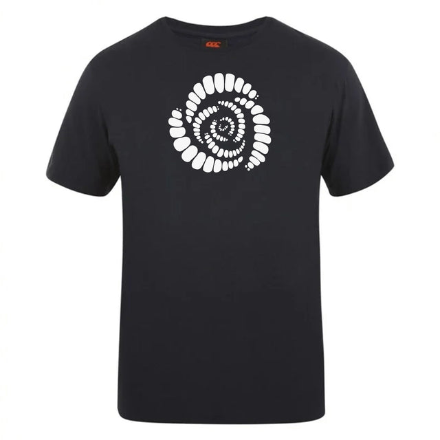 The Missoula All-Maggots Club Plain Tee by WRS Canterbury is a black cotton blend t-shirt featuring a white spiral design made of oval-shaped segments at the center of the chest, making it a stylish yet comfortable customizable option for any wardrobe.