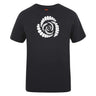 The Missoula All-Maggots Club Plain Tee by WRS Canterbury is a black cotton blend t-shirt featuring a white spiral design made of oval-shaped segments at the center of the chest, making it a stylish yet comfortable customizable option for any wardrobe.
