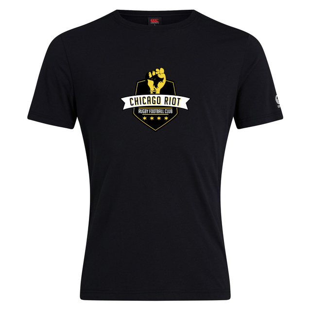 The Chicago Riot Club Plain Tee by WRS Canterbury is a black cotton-blend shirt with a yellow and white "Chicago Riot Rugby Football Club" logo featuring a raised fist and stars on the front.
