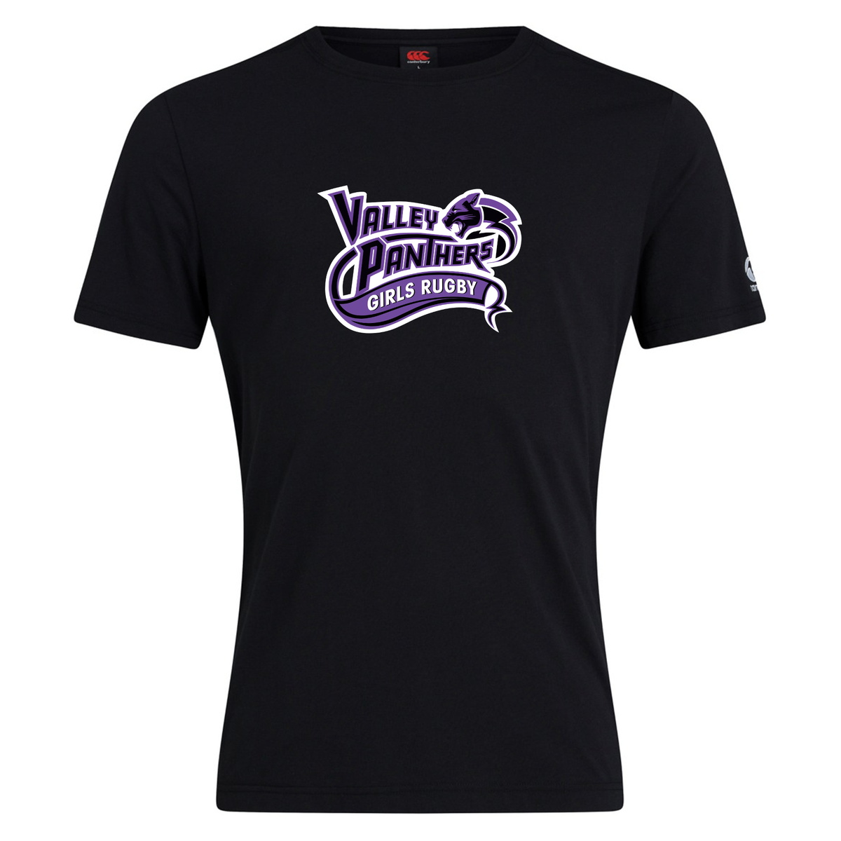 Black cotton blend “Valley Panthers Girls Rugby Club Plain Tee” by WRS Canterbury, featuring “Valley Panthers Girls Rugby” and a panther logo printed in purple and white on the chest. This customizable t-shirt offers both comfort and team spirit.