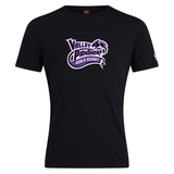 Black cotton blend “Valley Panthers Girls Rugby Club Plain Tee” by WRS Canterbury, featuring “Valley Panthers Girls Rugby” and a panther logo printed in purple and white on the chest. This customizable t-shirt offers both comfort and team spirit.