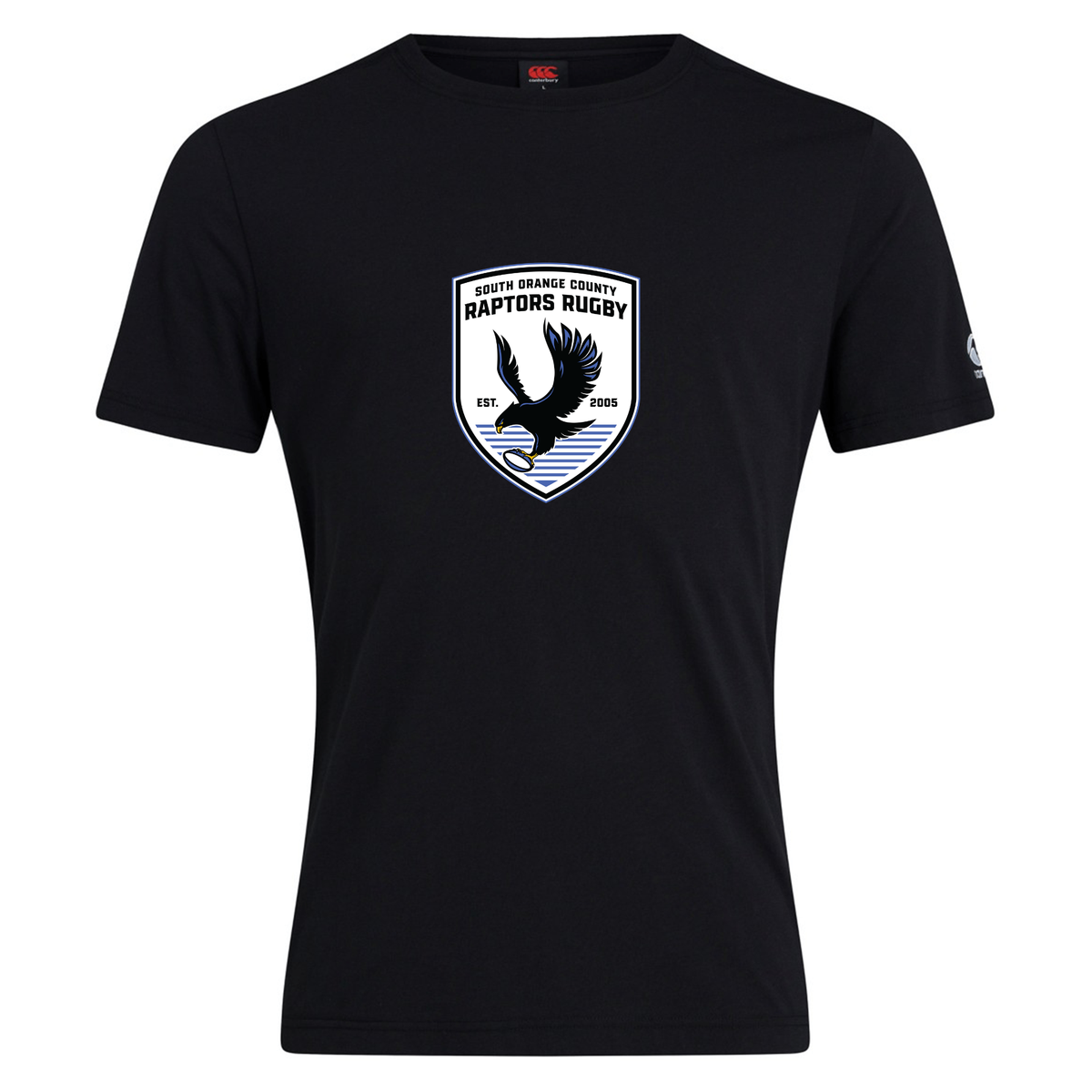 A black cotton blend “South Orange County Raptors Club Plain Tee by Canterbury” from WRS Canterbury, featuring a “South Orange County Raptors Rugby” logo with a flying raptor and rugby ball on the chest.