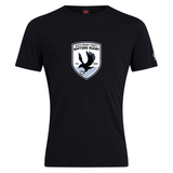 A black cotton blend “South Orange County Raptors Club Plain Tee by Canterbury” from WRS Canterbury, featuring a “South Orange County Raptors Rugby” logo with a flying raptor and rugby ball on the chest.