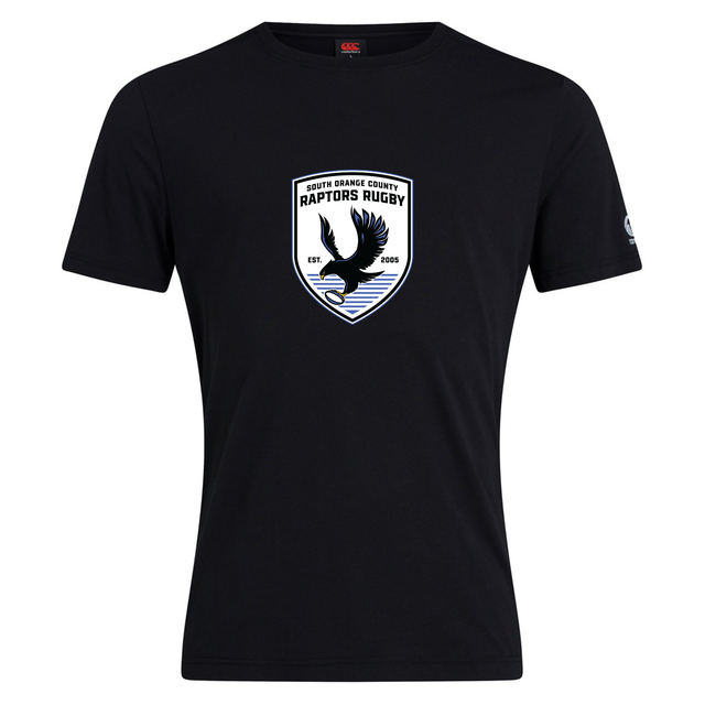 A black cotton blend “South Orange County Raptors Club Plain Tee by Canterbury” from WRS Canterbury, featuring a “South Orange County Raptors Rugby” logo with a flying raptor and rugby ball on the chest.