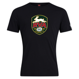 Black cotton-blend tee featuring a centered crest logo with a white rabbit, “RVA” in red, “T.R.C.” underneath, and “Richmond, VA” at the bottom—making the WRS Canterbury RVA T.R.C. Club Plain Tee by Canterbury a standout addition to any collection.