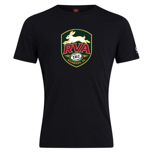 Black cotton-blend tee featuring a centered crest logo with a white rabbit, “RVA” in red, “T.R.C.” underneath, and “Richmond, VA” at the bottom—making the WRS Canterbury RVA T.R.C. Club Plain Tee by Canterbury a standout addition to any collection.