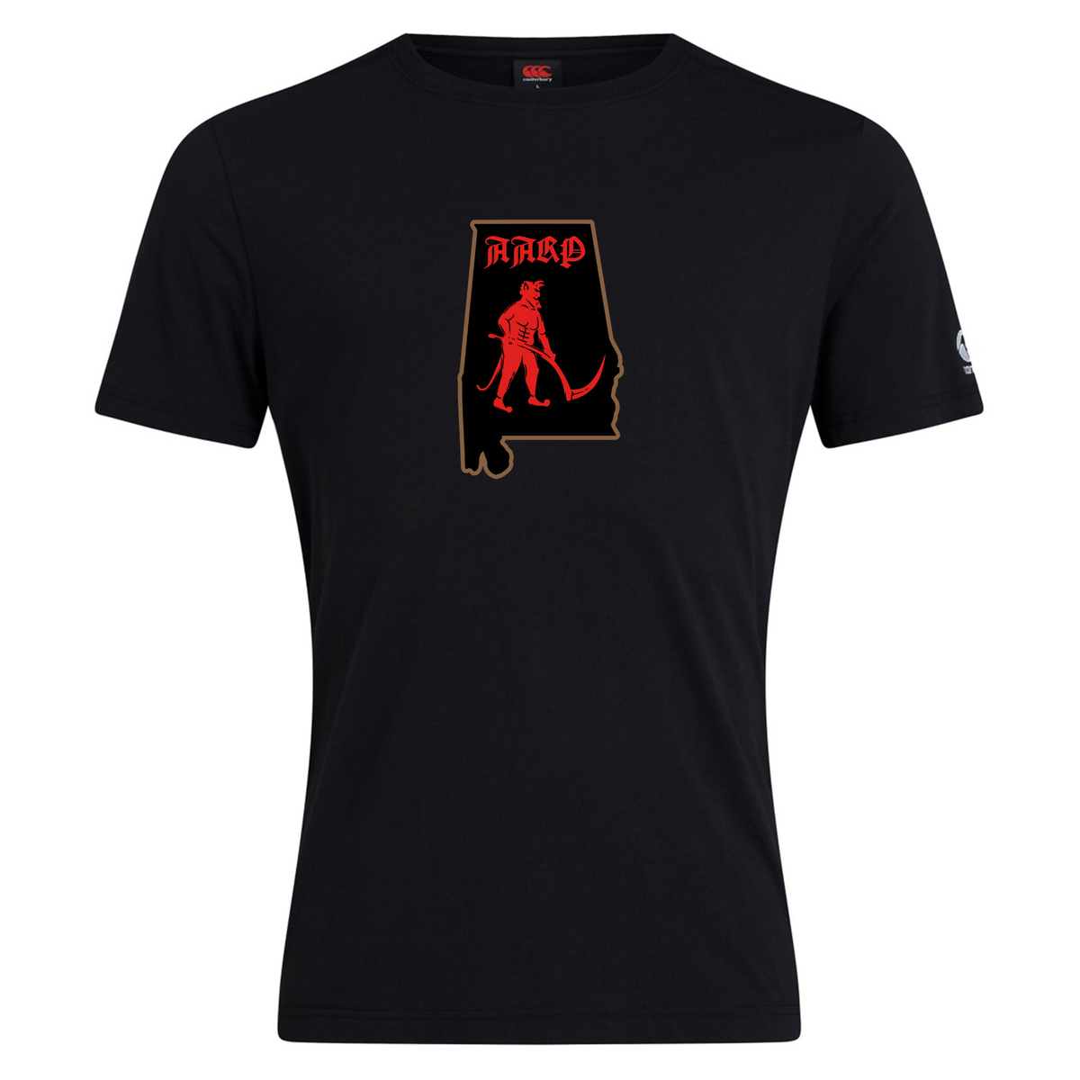 Aging Alabama Rugby Players Club Plain Tee by Canterbury in a black cotton blend featuring an outline of the state of Alabama, a graphic of a devil with a scythe, and the text “AARP” in a stylized font.
