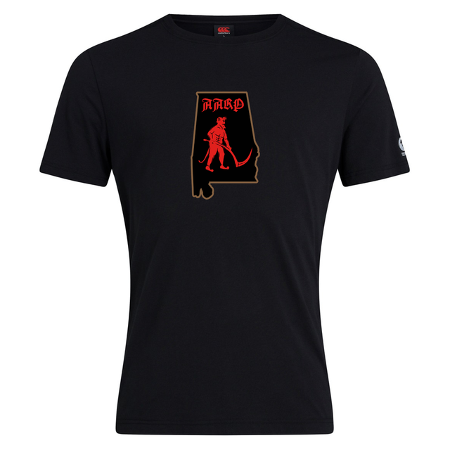 Aging Alabama Rugby Players Club Plain Tee by Canterbury in a black cotton blend featuring an outline of the state of Alabama, a graphic of a devil with a scythe, and the text “AARP” in a stylized font.