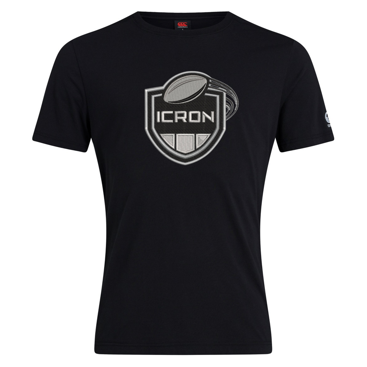 Black short-sleeved ICRON Club Plain Tee by Canterbury featuring a gray shield-shaped chest graphic with the text “ICRON” and an illustration of a rugby ball.