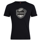 Black short-sleeved ICRON Club Plain Tee by Canterbury featuring a gray shield-shaped chest graphic with the text “ICRON” and an illustration of a rugby ball.