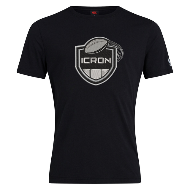 Black short-sleeved ICRON Club Plain Tee by Canterbury featuring a gray shield-shaped chest graphic with the text “ICRON” and an illustration of a rugby ball.
