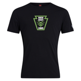Black cotton blend Rock Rugby Club Plain Tee by Canterbury with a green and white “ROCK RUGBY LIONS” graphic inside a keystone-shaped emblem on the chest.