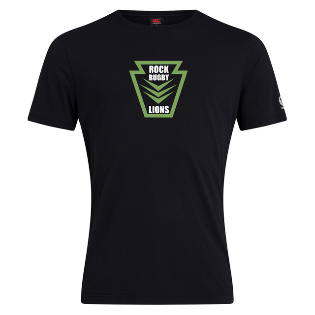 Black cotton blend Rock Rugby Club Plain Tee by Canterbury with a green and white “ROCK RUGBY LIONS” graphic inside a keystone-shaped emblem on the chest.