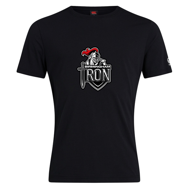 The Birmingham Iron Women's Football Club Plain Tee by WRS Canterbury is a black cotton blend shirt featuring the team's logo—ideal as a customizable tee for fans.