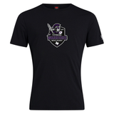 The Cypress Warriors Men's Rugby Club Plain Tee by WRS Canterbury features a helmeted warrior and shield "Cypress Warriors Men's Rugby 2024" logo on black cotton-blend. Customizable for team spirit.