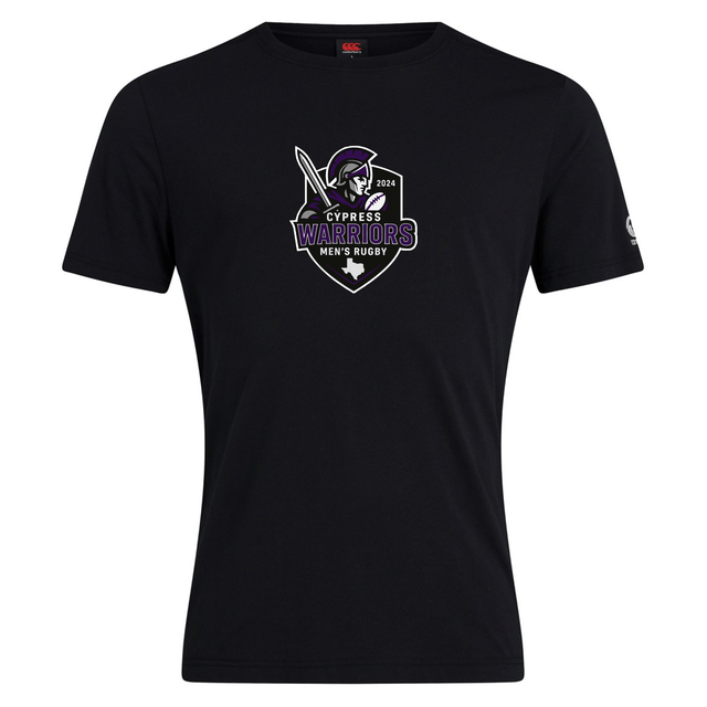 The Cypress Warriors Men's Rugby Club Plain Tee by WRS Canterbury features a helmeted warrior and shield "Cypress Warriors Men's Rugby 2024" logo on black cotton-blend. Customizable for team spirit.