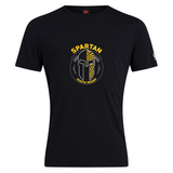 The Spartan Youth Rugby Club Plain Tee by WRS Canterbury is a black cotton blend shirt featuring a yellow and white stylized Spartan helmet logo on the chest.