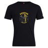 The Spartan Youth Rugby Club Plain Tee by WRS Canterbury is a black cotton blend shirt featuring a yellow and white stylized Spartan helmet logo on the chest.