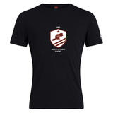 The West Potomac RFC Club Plain Tee by Canterbury, from WRS Canterbury, is a black cotton blend featuring a front shield logo with a beaver, star, “West Potomac Rugby” text, and the year 1963.