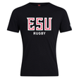 The East Stroudsburg University Club Plain Tee by WRS Canterbury is a black cotton blend t-shirt featuring bold "ESU Rugby" print in white and red—a standout customizable shirt for fans.