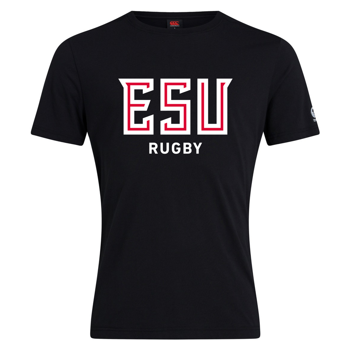The East Stroudsburg University Club Plain Tee by WRS Canterbury is a black cotton blend t-shirt featuring bold "ESU Rugby" print in white and red—a standout customizable shirt for fans.